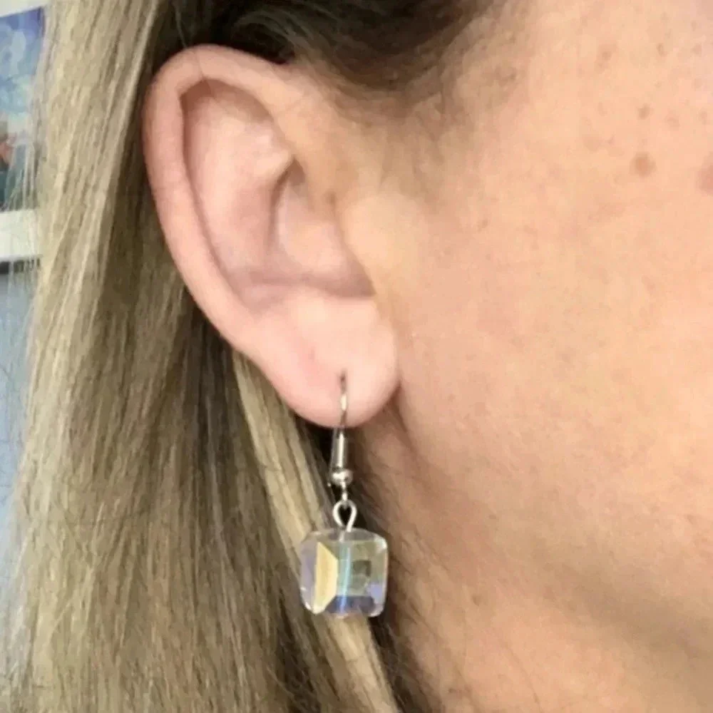 Aurora Borealis Pink Crystal Cube Drop Earrings NWT